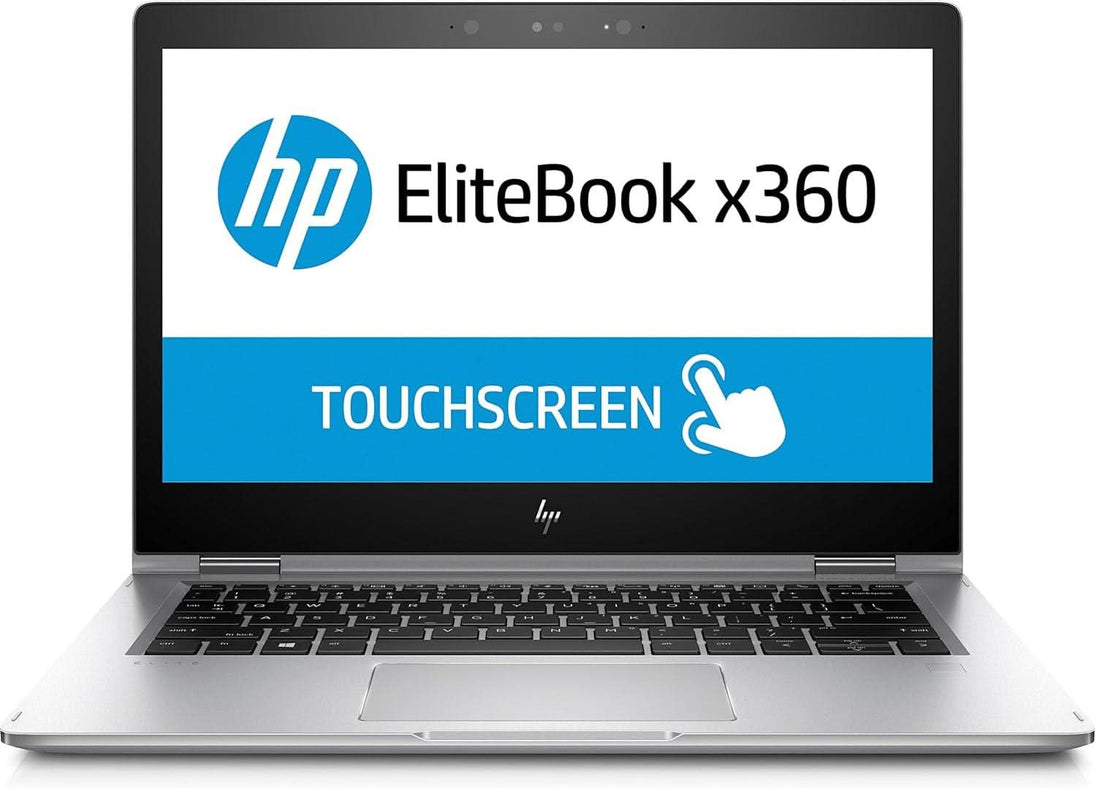 HP EliteBook x360 touchscreen laptop open, professional silver design