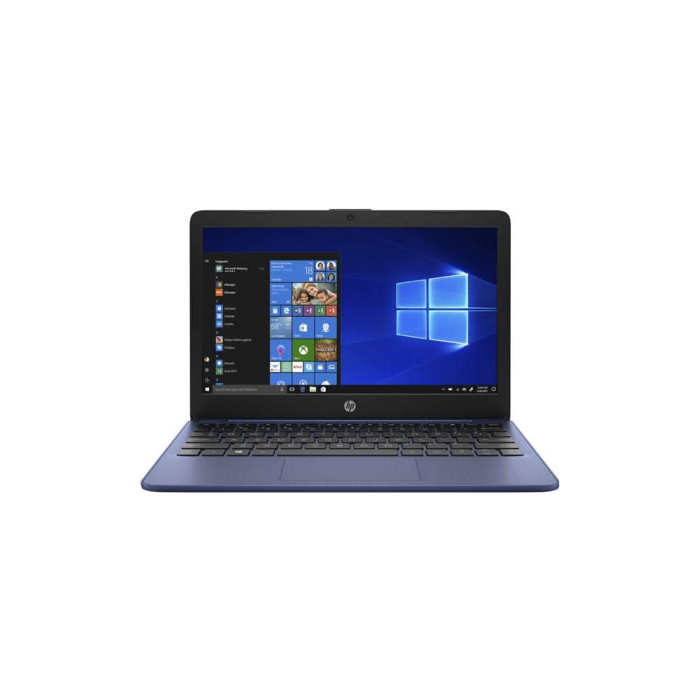 Blue HP laptop with Windows 10 home screen displayed, front view on white background