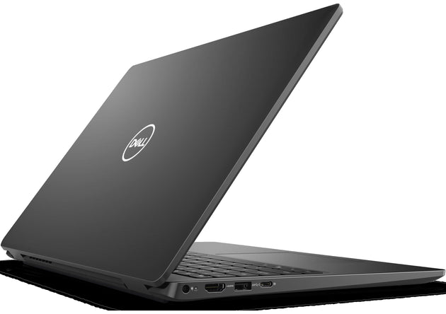 Sleek black Dell laptop partially open, showing keyboard and side ports on a white background