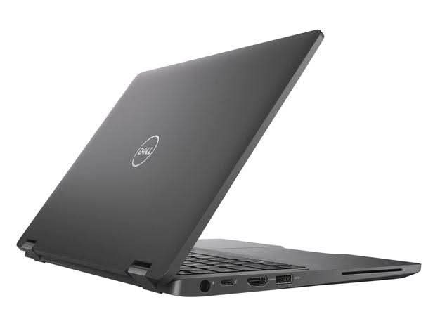 Refurbished Dell laptop partially open, showing side ports and black matte finish