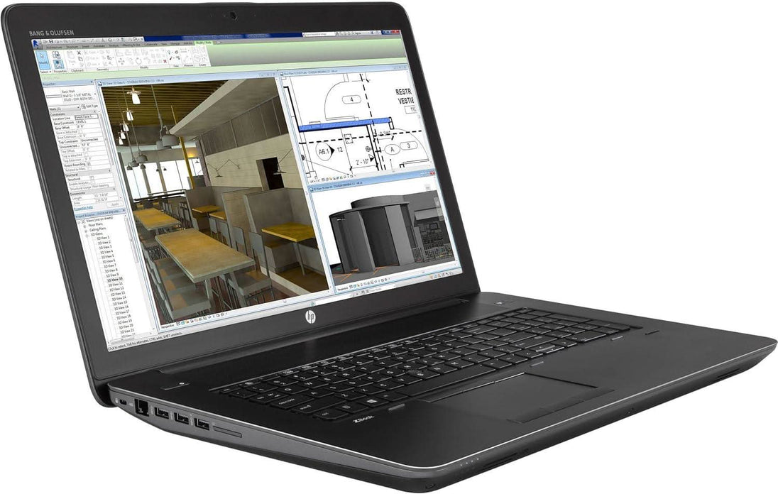 HP laptop running CAD design software, showing architectural drawings and 3D modeling