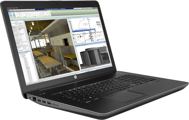 HP laptop running CAD design software, showing architectural drawings and 3D modeling