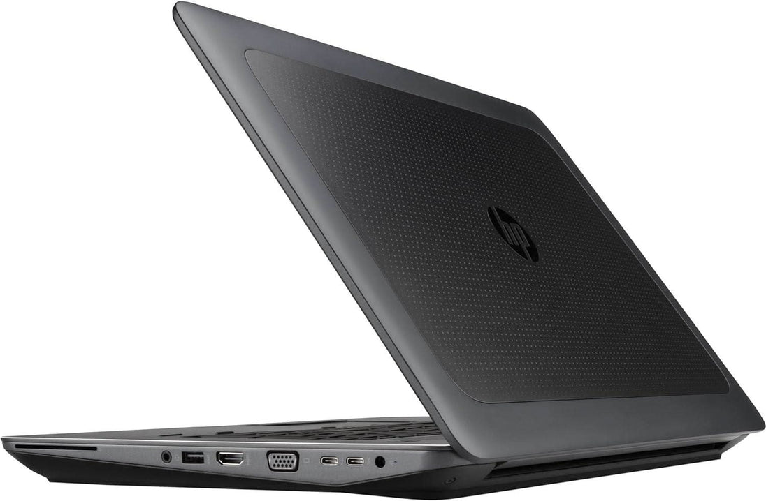 Refurbished HP laptop partially open, showing rear ports and textured black lid