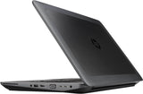 Refurbished HP laptop partially open, showing rear ports and textured black lid