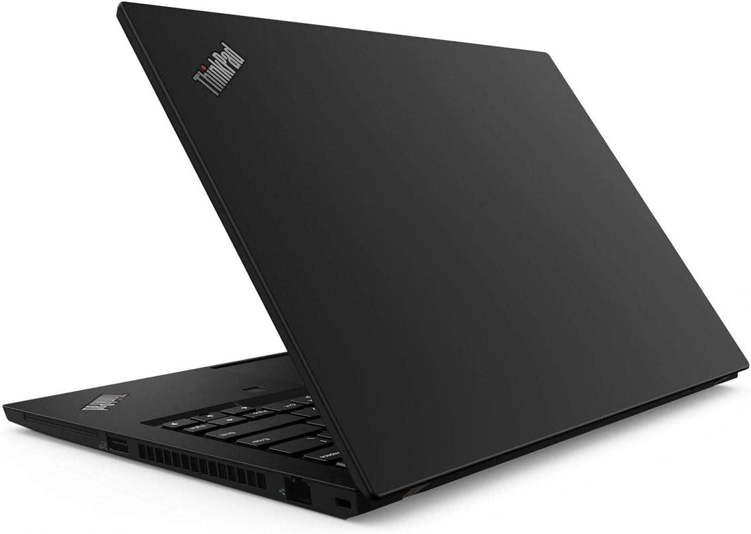 Refurbished black Lenovo ThinkPad laptop partially open on white background