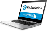 HP EliteBook x360 silver laptop with touchscreen, open on white background