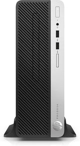 Front view of an HP ProDesk mini desktop computer with USB ports and power button
