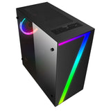 Black gaming PC tower with tempered glass side panel and RGB LED lighting