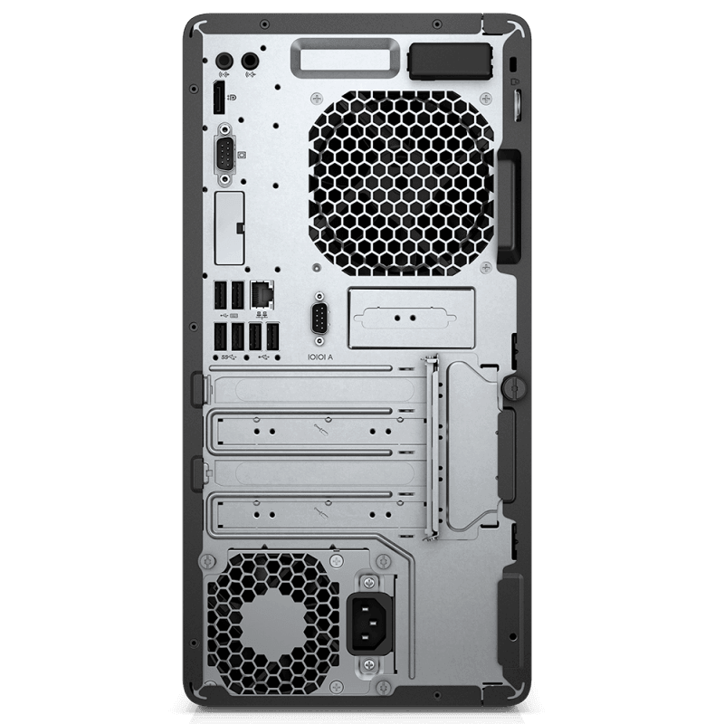 Rear view of a refurbished desktop PC showing USB ports, ventilation grills, and expansion slots