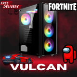 Gaming PC tower with RGB fans, Fortnite and Among Us icons, free delivery, Vulcan model