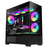 RGB gaming desktop PC with transparent side panel and multiple LED cooling fans