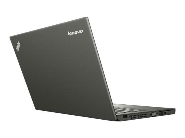 Lenovo ThinkPad laptop partially open, black finish, side view showing ports