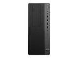 Front view of a black HP desktop computer tower with multiple USB ports and a textured panel.