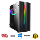 Black refurbished gaming PC with RGB lights, glass panel, Windows 10, Fortnite and Roblox icons
