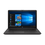 HP laptop with Windows 10 home screen, black keyboard, and widescreen display