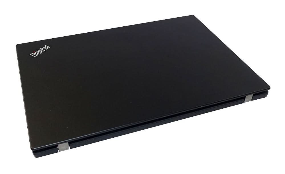 Closed black ThinkPad laptop, slim design, angled view on white background