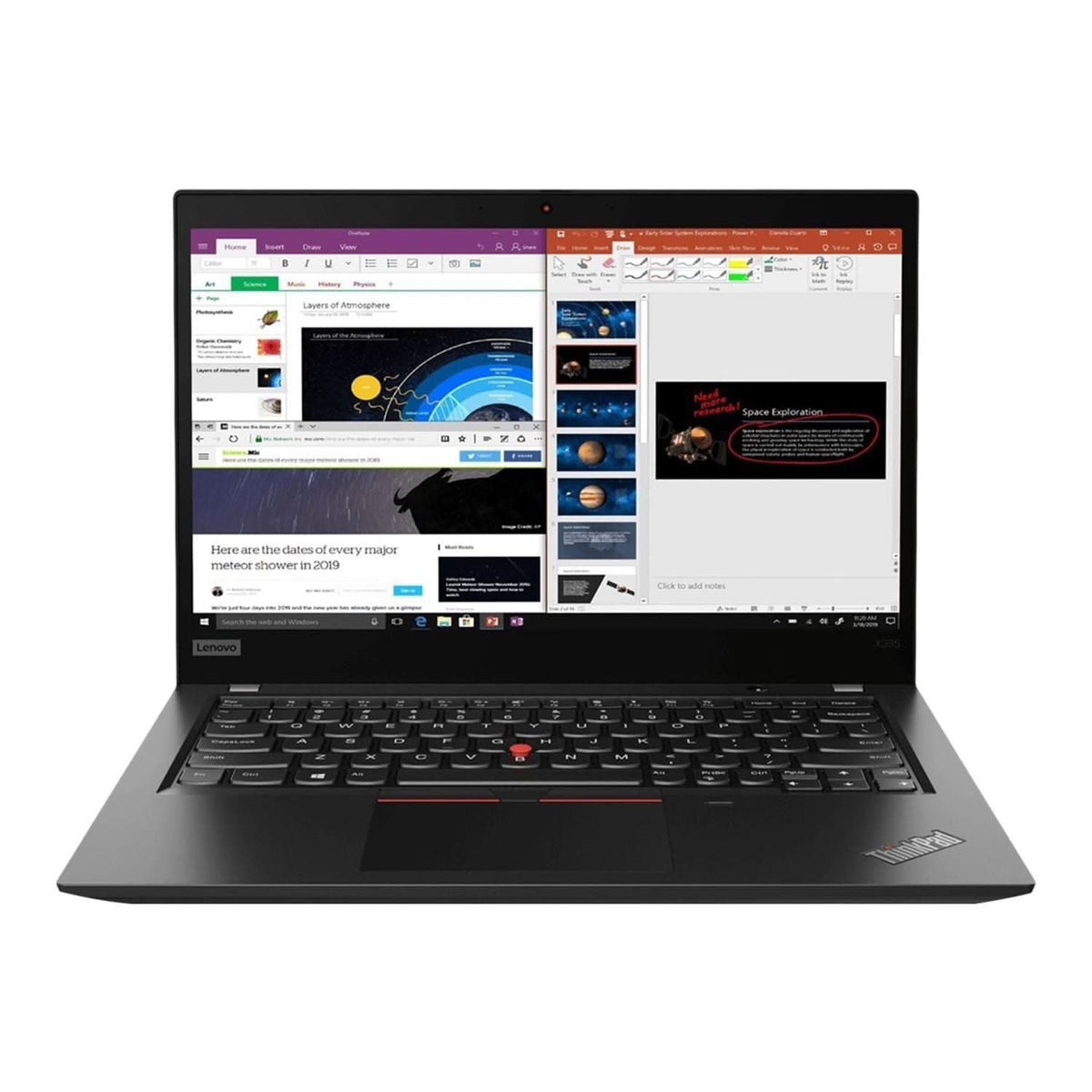 Lenovo ThinkPad X395 laptop with black keyboard, open screen displaying office documents