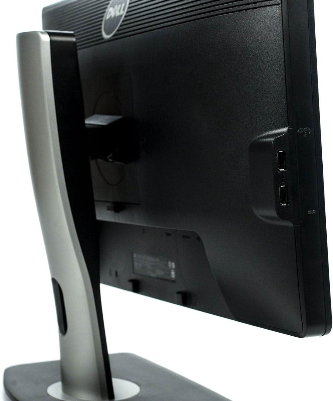 Rear view of Dell computer monitor with USB ports on black stand