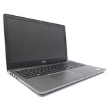 Refurbished Dell laptop with black keyboard and widescreen display angled left