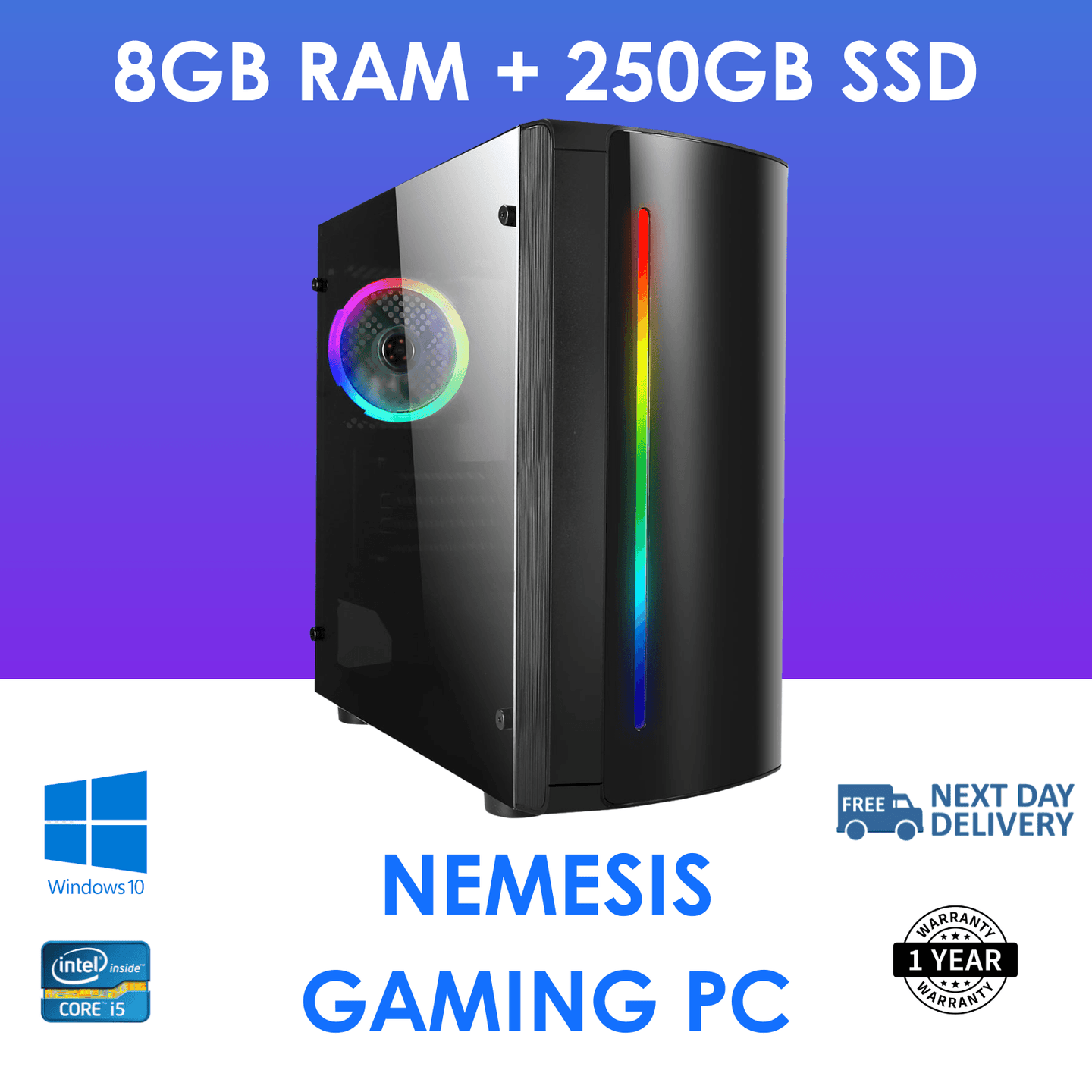 Nemesis Gaming RGB PC Intel Core i3-2500 8GB DDR3 250GB SSD Windows 10 Home