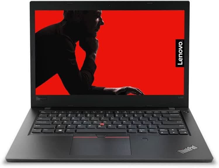 Lenovo ThinkPad L490 laptop with black keyboard and red-themed display screen