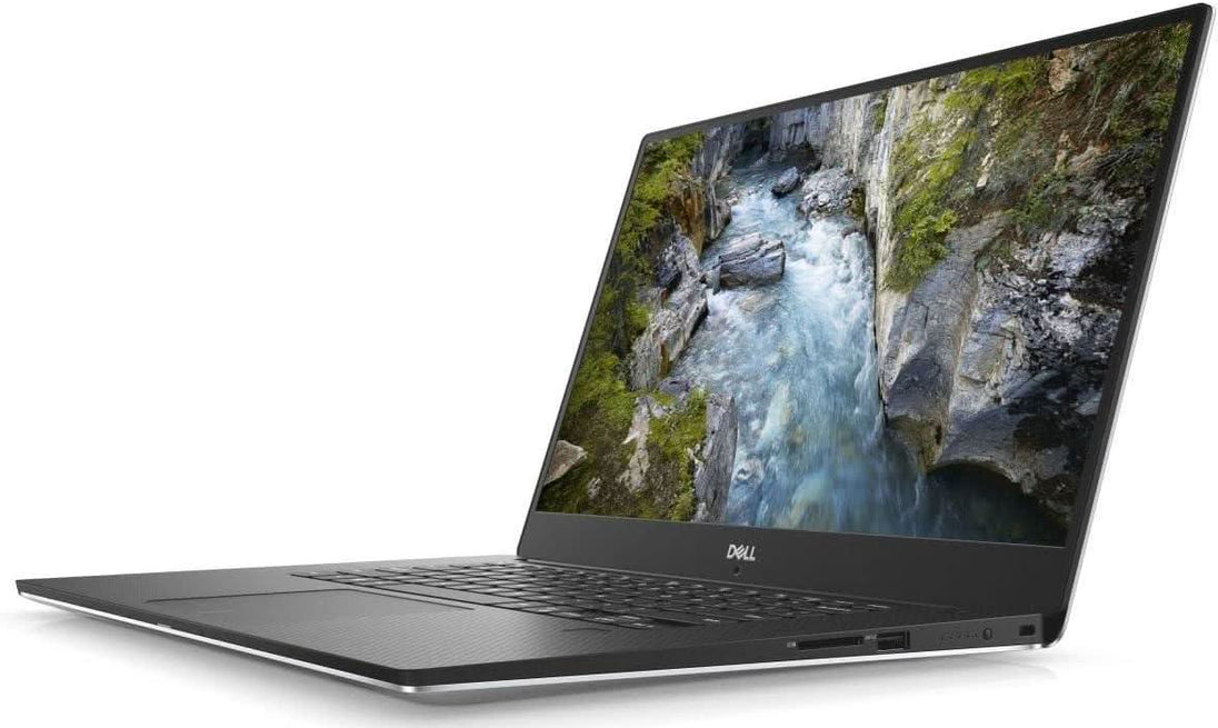 Dell laptop with slim bezel display showing a river landscape, professional electronics