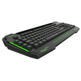 Black gaming keyboard with green LED accents and angular design, viewed from front angle