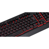 Black computer keyboard with red LED backlighting, close-up of keys.