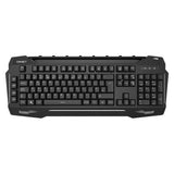 Black USB wired gaming keyboard with multimedia keys and ergonomic design