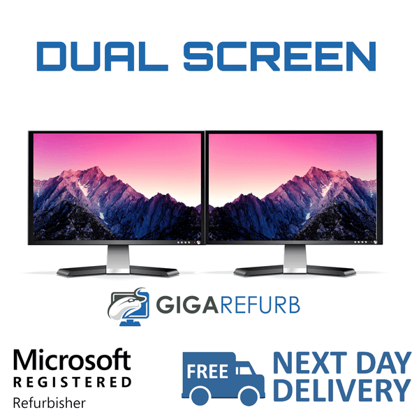 Dual screen refurbished monitors with mountain display, free next day delivery, Microsoft registered refurbisher.