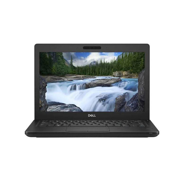 Refurbished Dell laptop with screen displaying scenic waterfall and forest