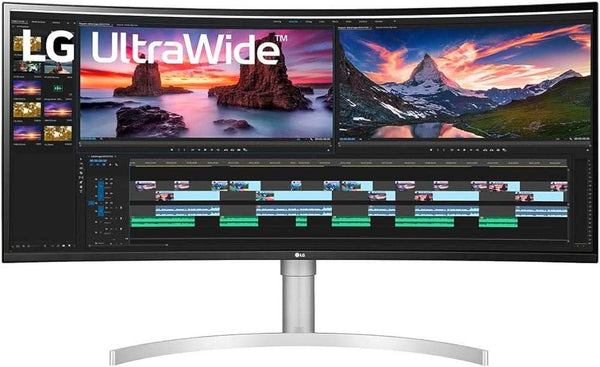 Curved LG UltraWide monitor displaying video editing software and colorful landscapes