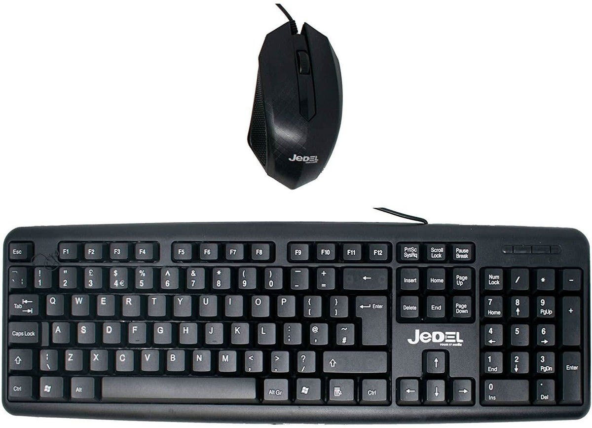 Wired black keyboard and mouse set with UK layout for desktop computers