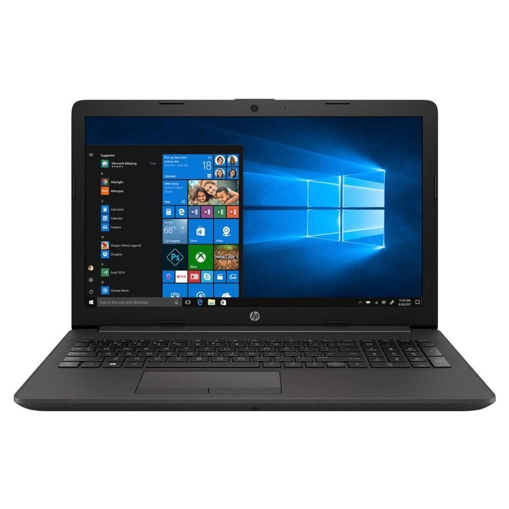Refurbished HP laptop with Windows 10, black keyboard, and widescreen display