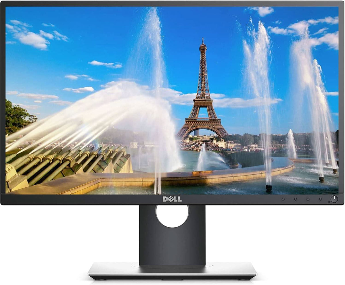 Dell computer monitor displaying a vibrant image of the Eiffel Tower and fountains