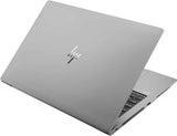Silver HP laptop partially open, showing slim design and professional keyboard layout