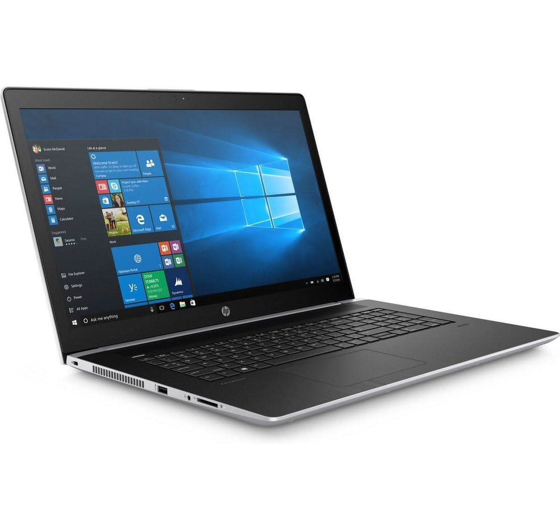 Refurbished HP laptop with Windows 10 open, black keyboard, silver body, angled view