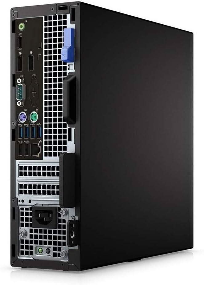 Refurbished desktop computer tower showing rear ports including USB, HDMI, Ethernet, and power input