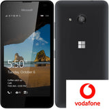 Black Microsoft smartphone front and back views with Vodafone logo, Windows display visible