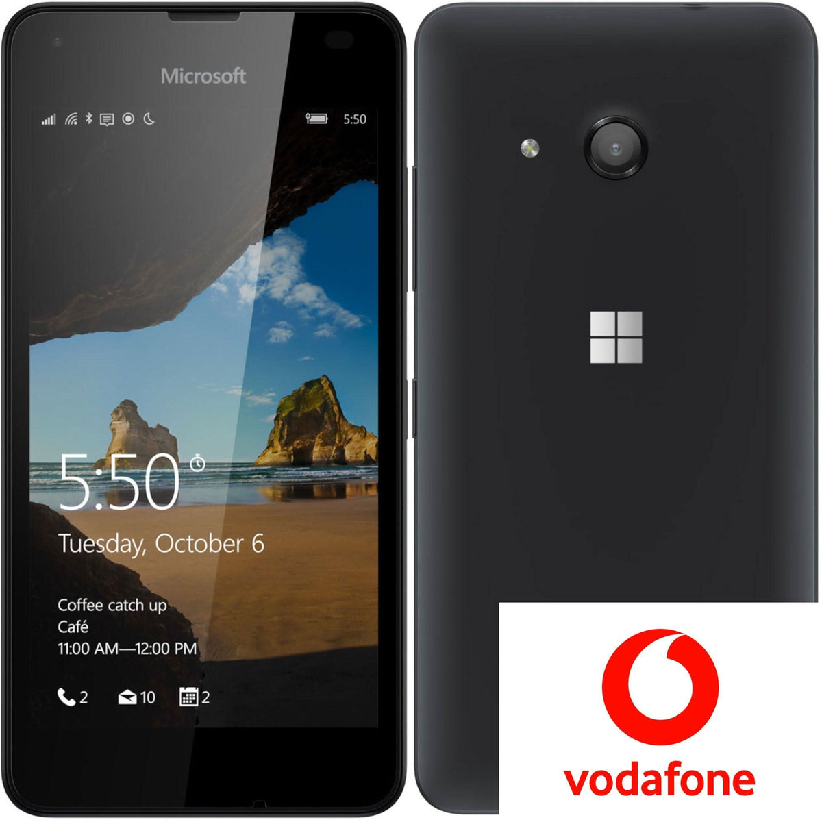 Black Microsoft smartphone front and back views with Vodafone logo, Windows display visible