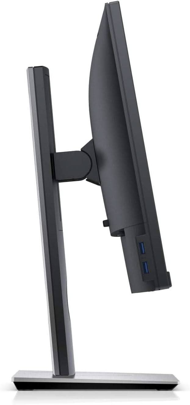 Side view of a slim black computer monitor with USB ports on a silver stand