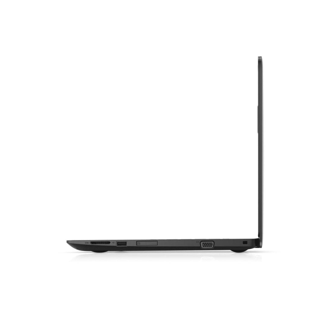 Side view of thin black laptop open on white background, showing ports and slim design