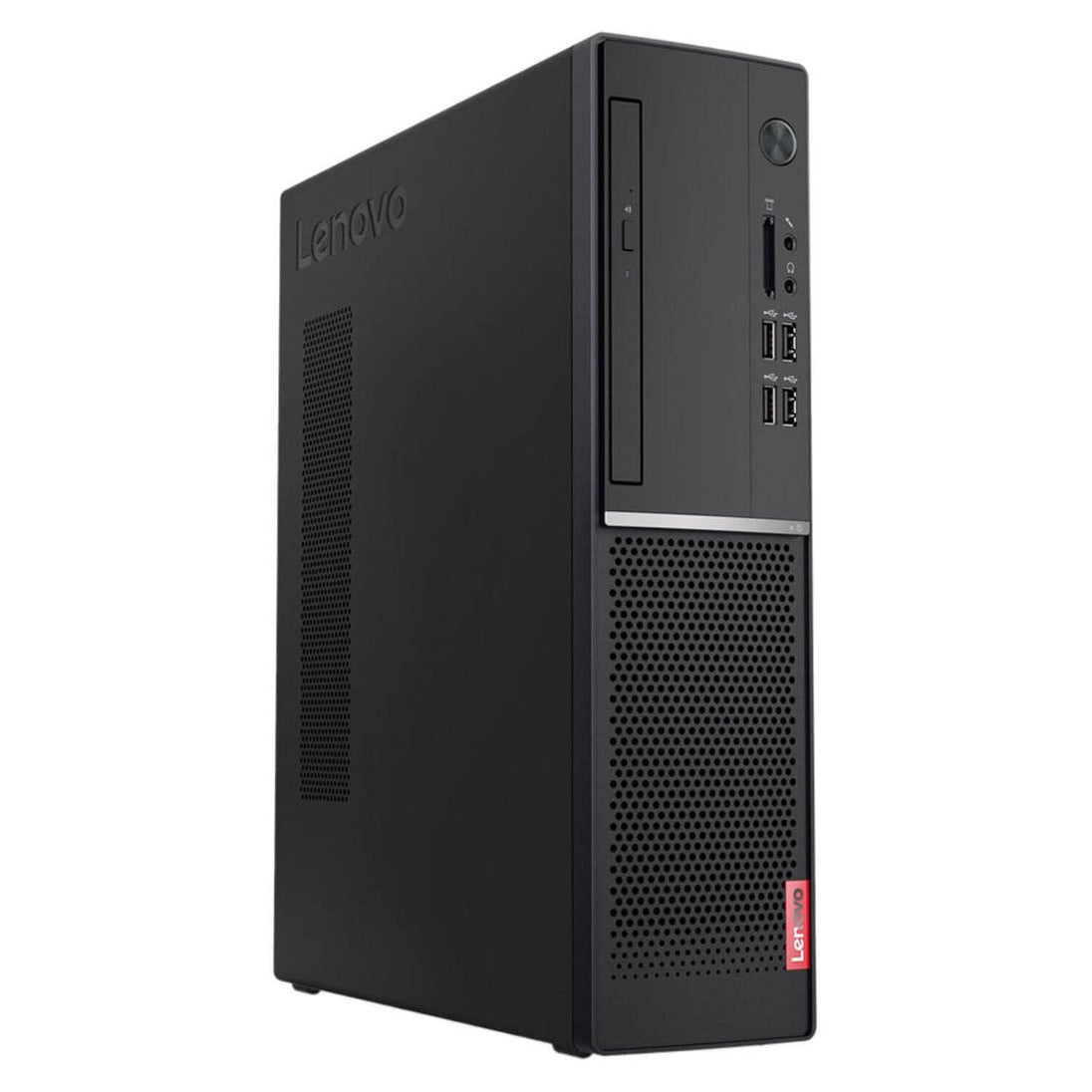 Lenovo black desktop tower with front USB ports and DVD drive, refurbished computer