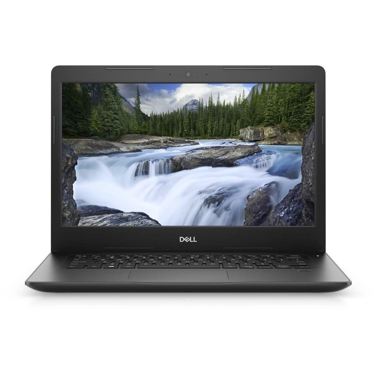 Front view of a Dell laptop with waterfall and forest on the screen