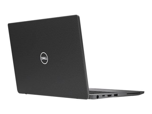 Refurbished Dell laptop with textured black lid, ports visible, angled rear view