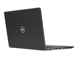 Refurbished Dell laptop with textured black lid, ports visible, angled rear view