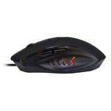 Black wired computer mouse with orange LED lights and side buttons, side view