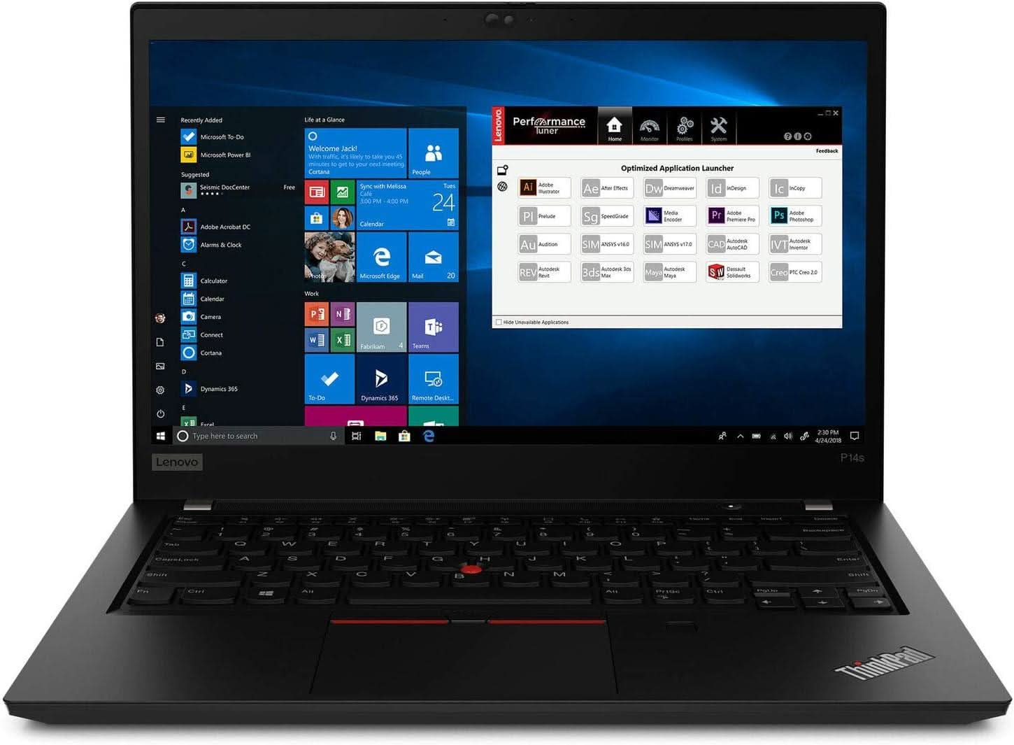 Lenovo ThinkPad P14s laptop with Windows 10 open and application launcher on screen