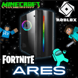 Gaming PC with RGB lights surrounded by Minecraft, Roblox, Fortnite, and Among Us graphics