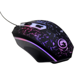 Wired gaming mouse with RGB lighting and cracked pattern design on a white background